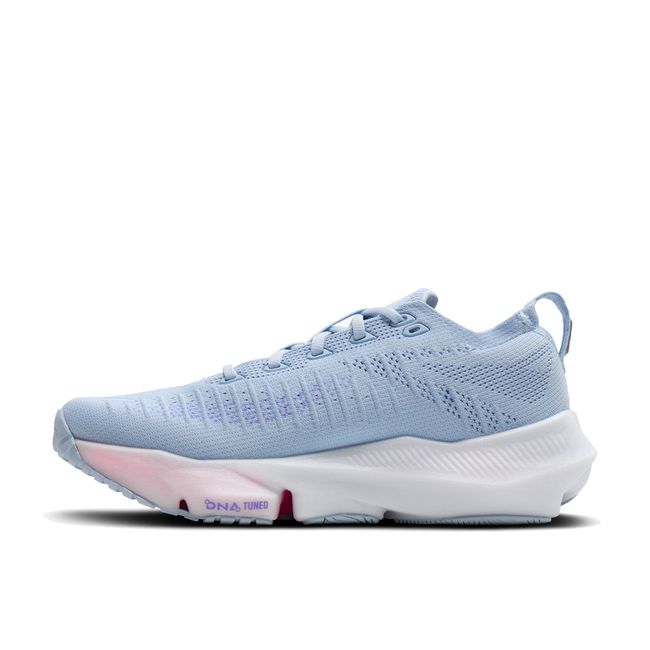 Medial profile of Brooks Glycerin Flex in skyway blue and blazing bell showing plush midsole stack