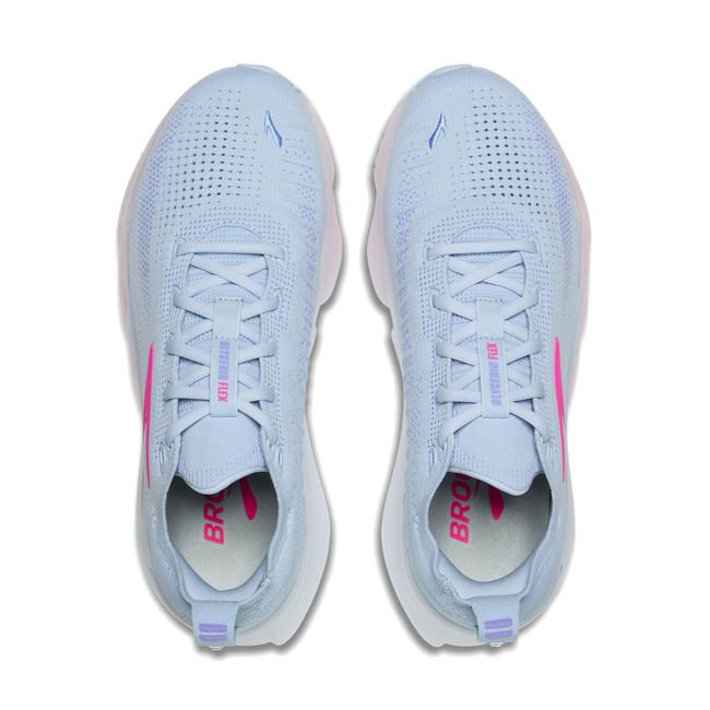 Top-down pair of Brooks Glycerin Flex in skyway blue showing mesh upper with cyber pink Brooks logo accents