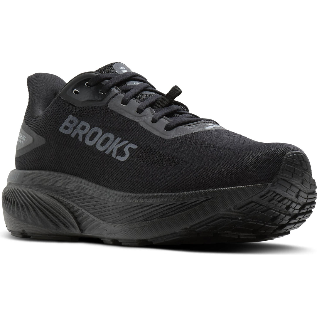 Front angled view of Brooks Women's Ghost 18 GTX Running Shoe in Black/Black/Ebony
