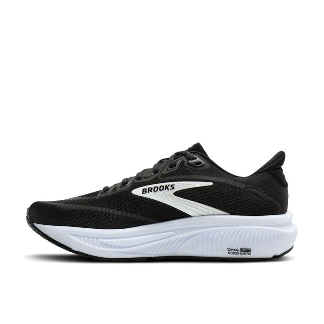 Medial profile of Brooks Ghost 18 in black and grey showing balanced midsole stack and mesh upper
