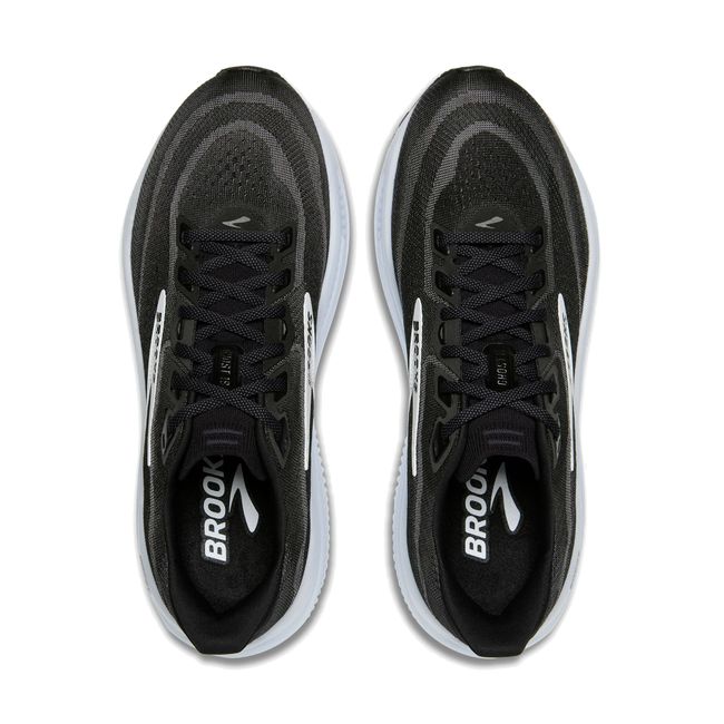 Top-down pair of Brooks Ghost 18 in black showing tonal mesh upper with white Brooks logo accent