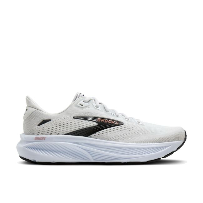 Lateral profile of Brooks Ghost 18 women's shoe in white showing white cushioned midsole and black outsole base