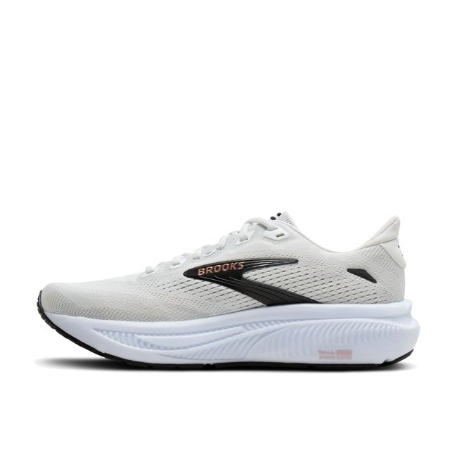 Medial profile of Brooks Ghost 18 in white and black showing balanced midsole stack and breathable mesh upper