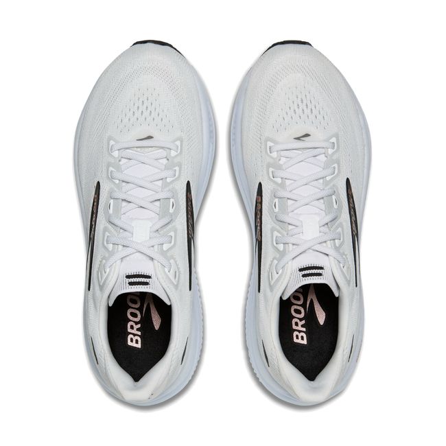 Top-down pair of Brooks Ghost 18 in white showing clean mesh upper with rose gold and black Brooks logo detail