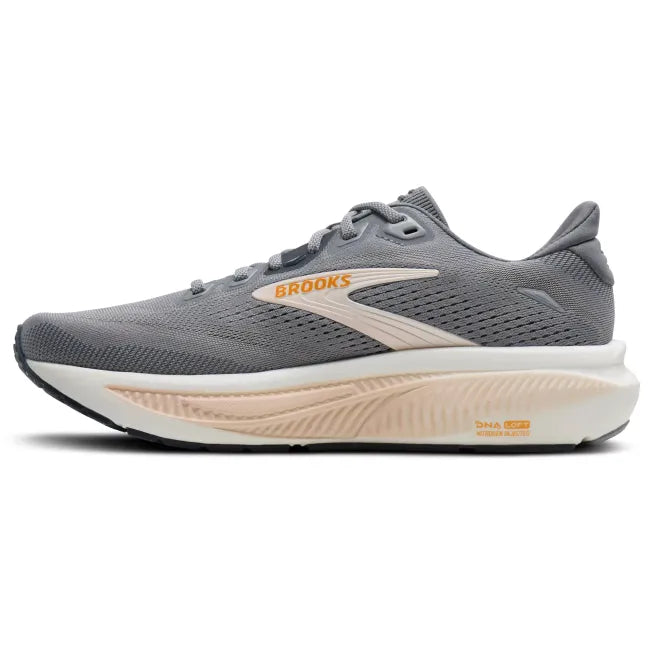 Medial profile of Brooks Ghost 18 in grey and coconut showing balanced midsole stack and flat knit upper