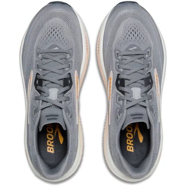 Top-down pair of Brooks Ghost 18 in grey and manganite showing mesh upper with gold Brooks logo detail