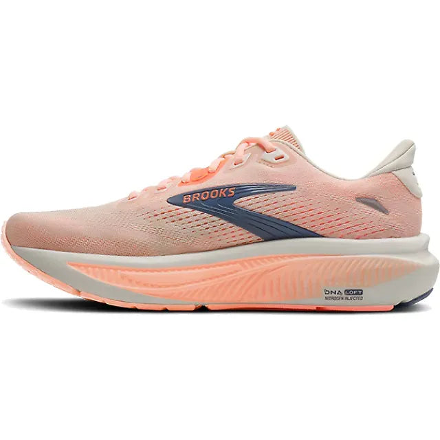 Medial profile of Brooks Ghost 18 in star white and cyber peach showing balanced midsole stack and mesh upper