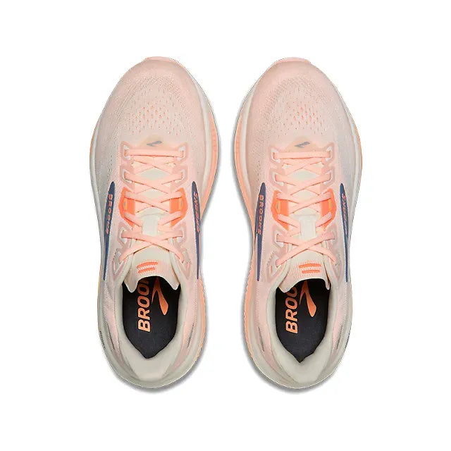 Top-down pair of Brooks Ghost 18 in cyber peach showing mesh upper with slate grey Brooks logo detail
