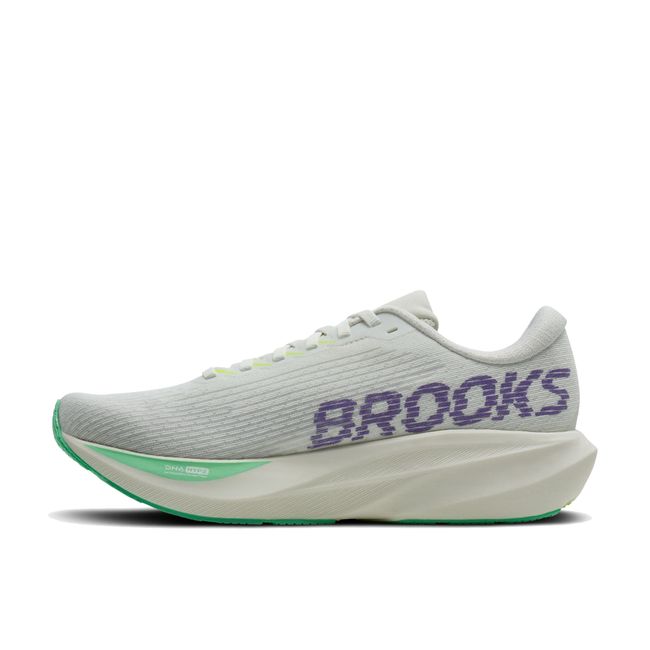 Medial profile of Brooks Ghost AMP in grey showing BROOKS text and DNA HYPE cushioning