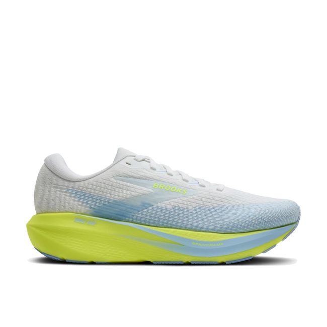 Lateral profile of Brooks Ghost AMP women's shoe in sky blue showing neon Nightlife SpringRamp midsole