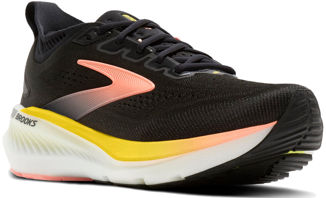 Brooks Women's Glycerin GTS 23 running shoe in Black with Peach and Nightlife yellow midsole gradient