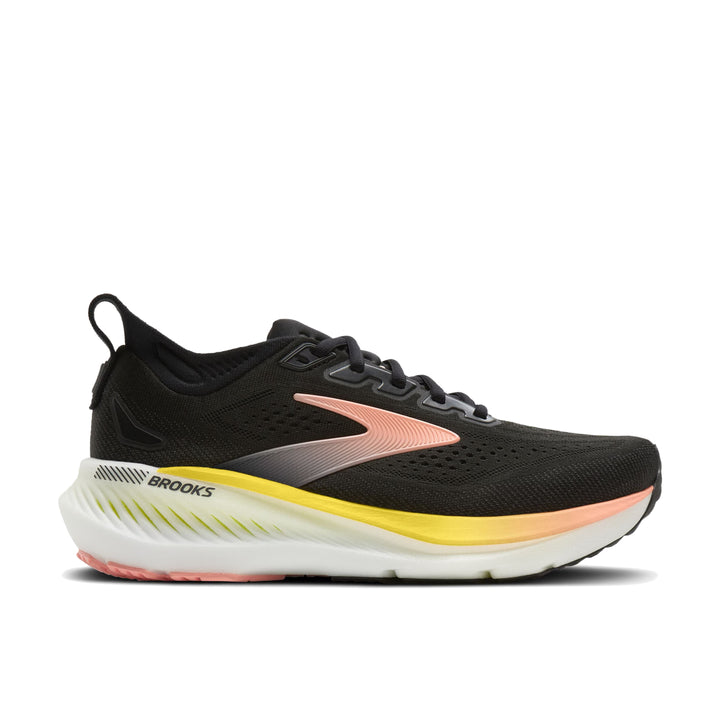Lateral side profile of Brooks Glycerin GTS 23 in black and peach showing accommodating fit and midsole stack
