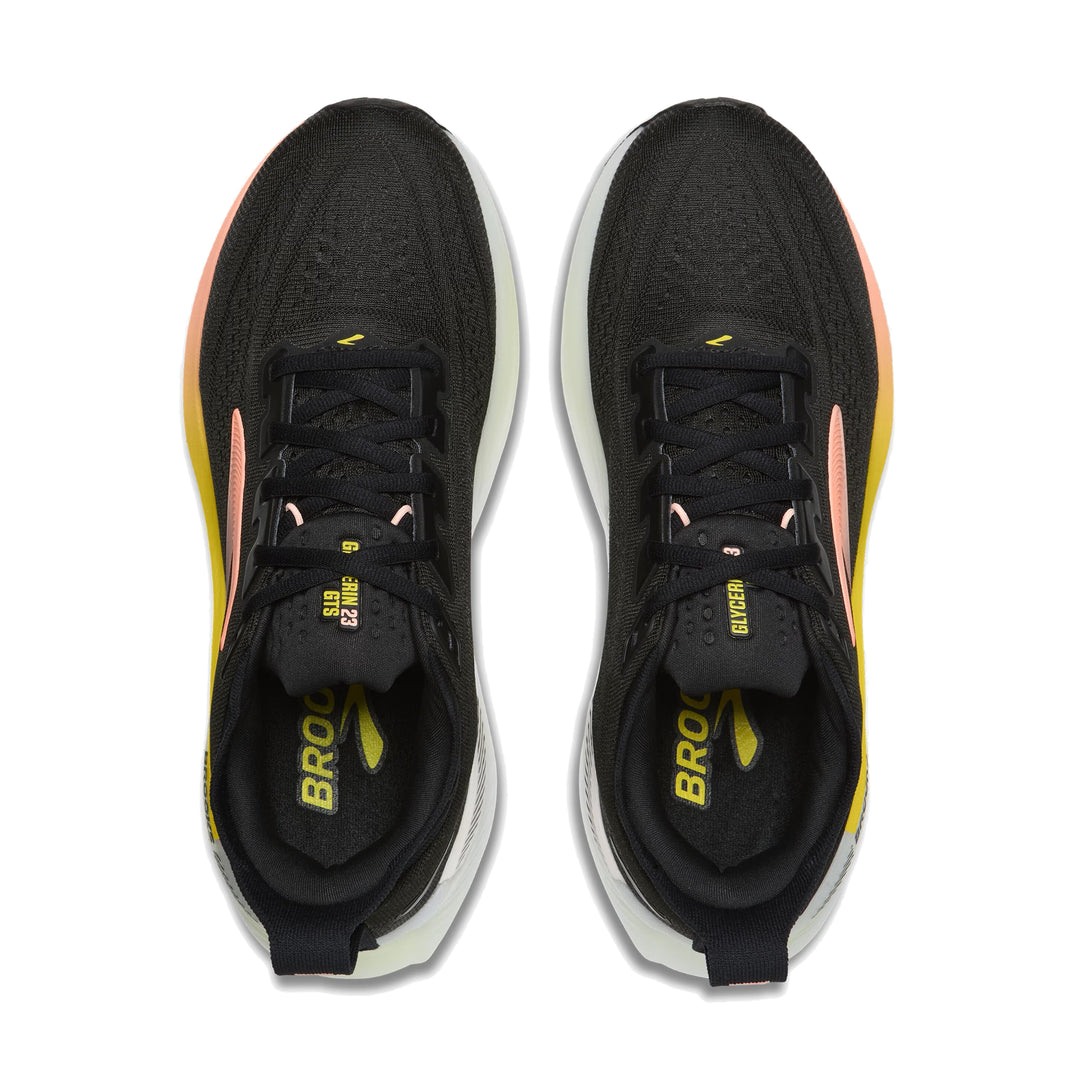 Top-down pair view of Brooks Glycerin GTS 23 in black showing mesh upper and lace system with peach and yellow accents