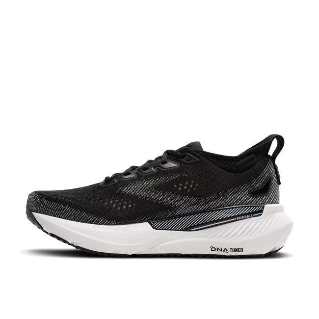 Medial profile of Brooks Glycerin GTS 23 in black and grey showing GuideRails support structure and midsole stack