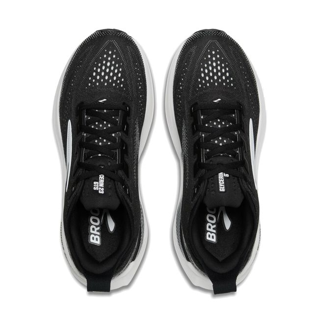 Top-down pair of Brooks Glycerin GTS 23 in black showing mesh upper with grey and white accent details