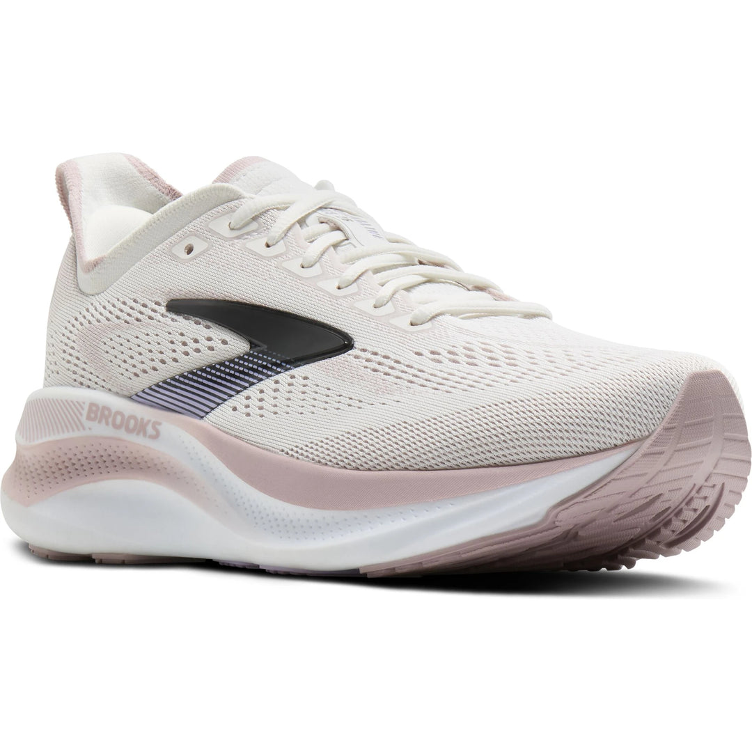 Front angled view of Brooks Women's Adrenaline GTS 26 Running Shoe in Blanc/Violet Ice/Hyper Iris
