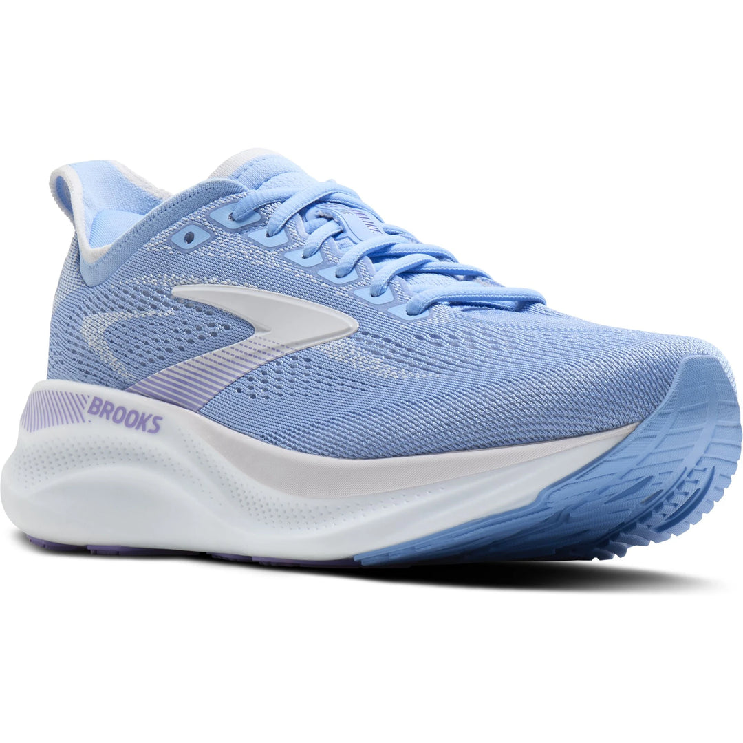 Front angled view of Brooks Women's Adrenaline GTS 26 Running Shoe in Cornflower/Silver/Purple