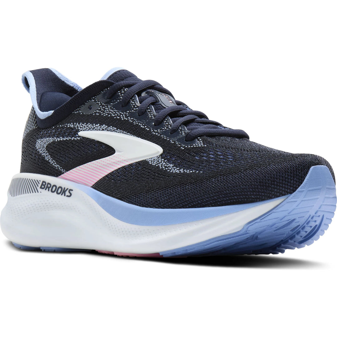 Front angled view of Brooks Women's Adrenaline GTS 26 Running Shoe in Navy/Cornflower/Pink