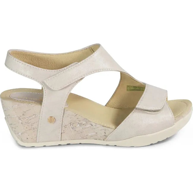 Lateral side of Women's Nicky Bussola Wedge Sandal in Ivory Deepelle with velcro straps