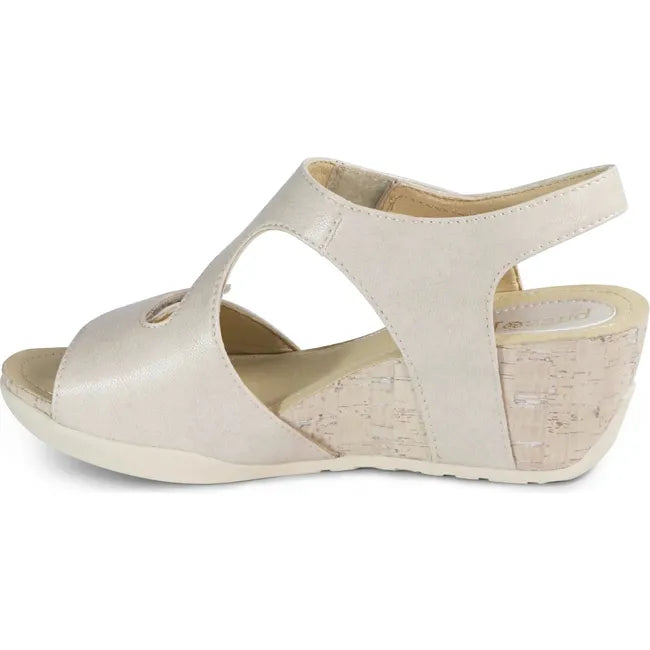 Lateral side of Women's Nicky Bussola Wedge Sandal in Ivory Deepelle with velcro straps