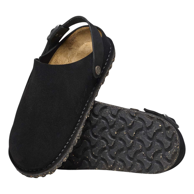 Top and Sole of Birkenstock Unisex Lutry Suede Clog in Black