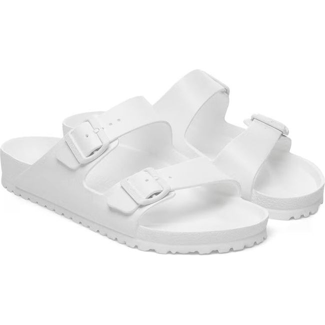 A pair of Birkenstock Arizona EVA White Two Strap Sandal