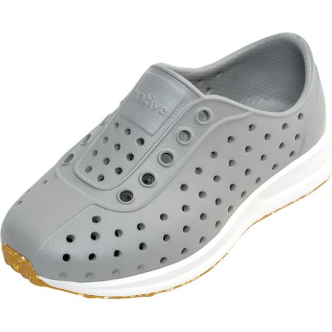 Overhead view of the Native Little Kids' Robbie Shoe in pigeon gray, featuring a slip-on perforated Sugarlite™ upper similar to Crocs, white cushioned sole, and an ultra-grippy tan rubber outsole made with recycled content.