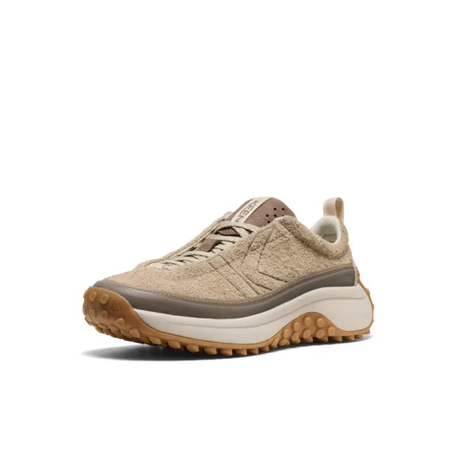 Front angled view of Women’s KEEN KS Mino Sneaker in Safari Tan Birch Beige