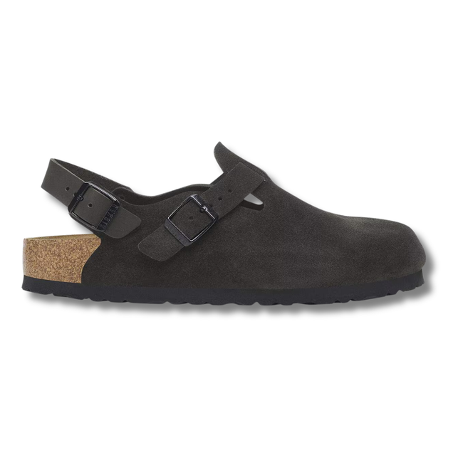 Lateral side of Birkenstock Women's Tokio Clog in Black Suede with a backstrap