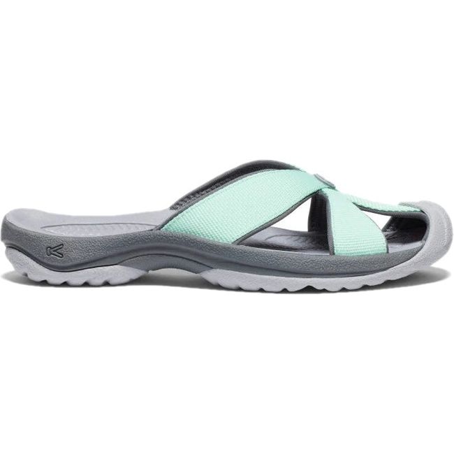 Lateral of Women's KEEN Bali Slide Sandal in Lichen Steel Grey with closed toe