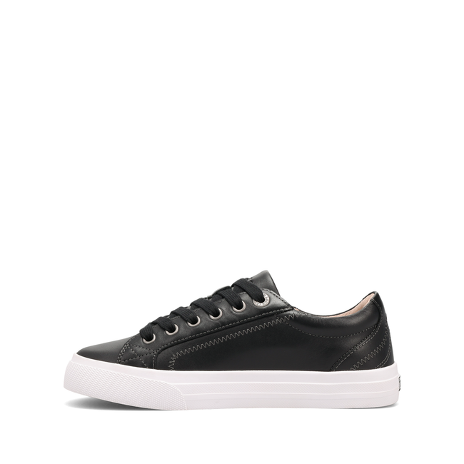 Medial profile of the Taos Plim Soul Lux sneaker in black and white