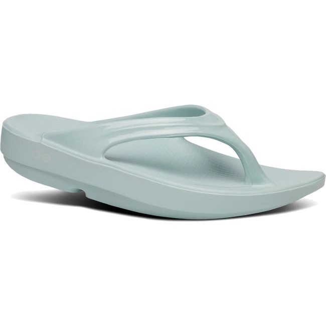Front angled view of Women's OOfos OOlala Sandal in Mist Blue