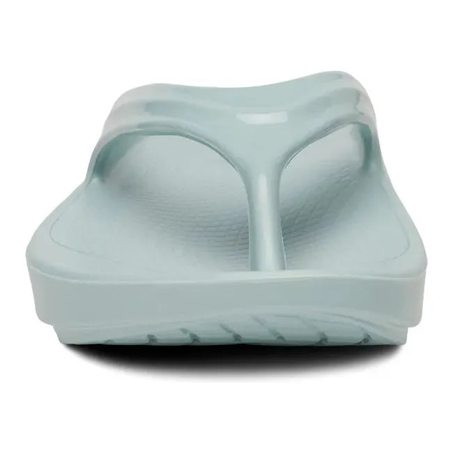 Front of Women's OOfos OOlala Sandal in Mist Blue with toe post