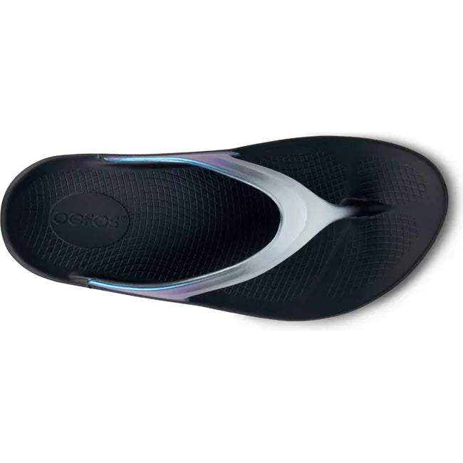 Upper of Women's OOfos OOlala Luxe Sandal in Frost Silver and Blue