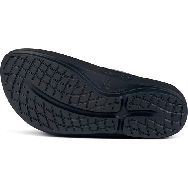 Sole of Women's OOfos OOlala Luxe Sandal in Frost Silver and Blue