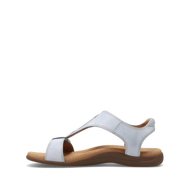 Medial profile of the Taos The Show sandal in chambray blue