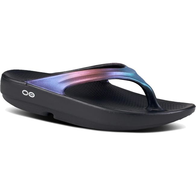 Front angled view of Women's OOfos OOlala Luxe Sandal in Midnight Spectre Multicolor
