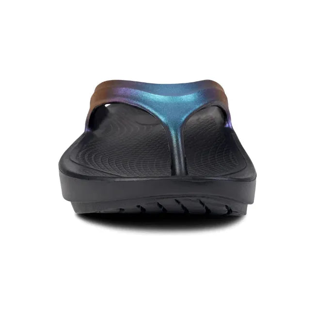 Front of Women's OOfos OOlala Luxe Sandal in Midnight Spectre Multicolor with toe post