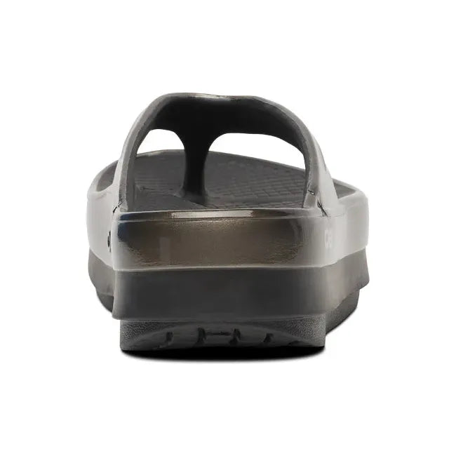 Heel of Women's OOfos OOmega Oolala Stacked Sandal in Black Titanium Mirror