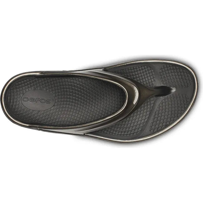Upper of Women's OOfos OOmega Oolala Stacked Sandal in Black Titanium Mirror