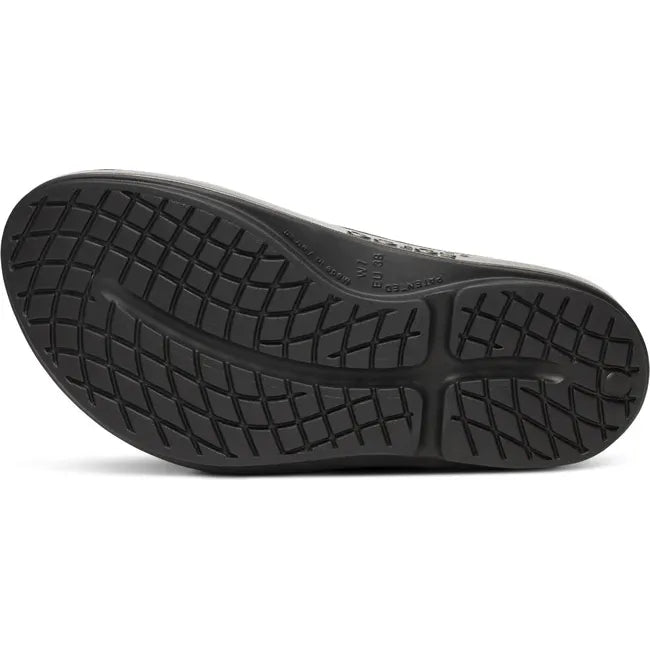 Sole of Women's OOfos OOmega Oolala Stacked Sandal in Black Titanium Mirror