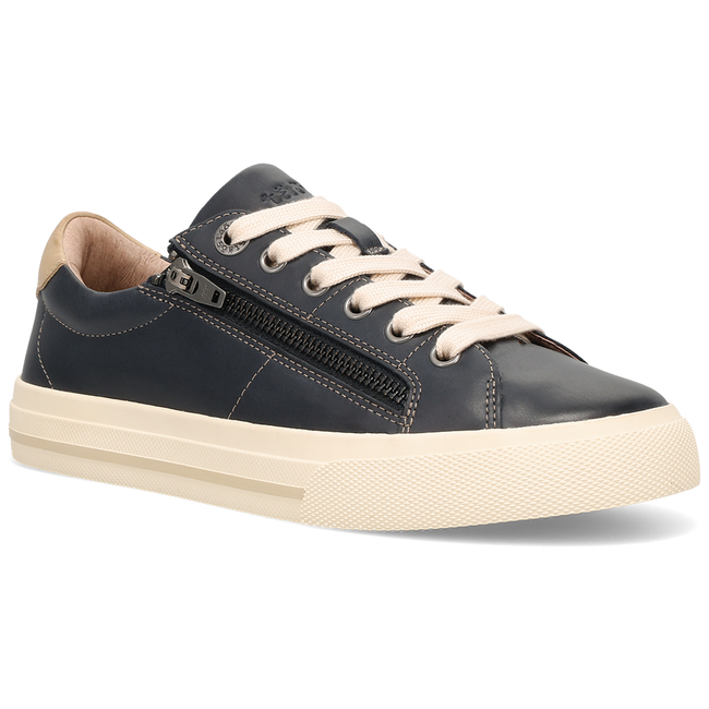 Taos Z Soul Lux sneaker in navy and stone grey, three quarter angled view