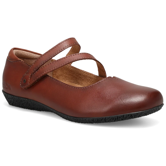 Taos Banter Mary Jane in cognac leather with crossover straps, three quarter view