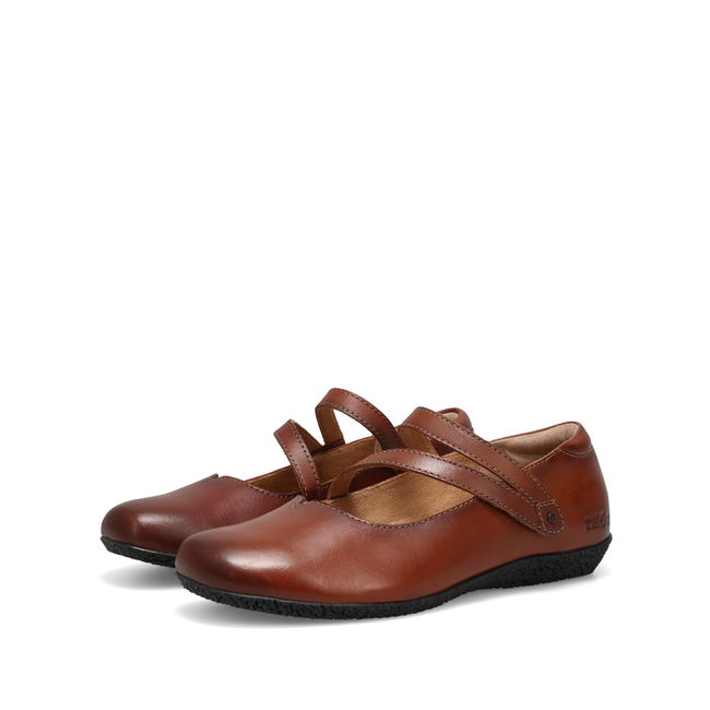 Pair of Taos Banter Mary Janes in cognac leather, angled view