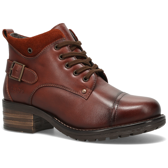 Taos Mini Crave ankle boot in cognac brown leather, three quarter angled view