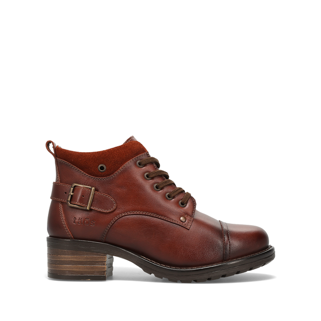 Lateral profile of the Taos Mini Crave ankle boot in cognac brown leather