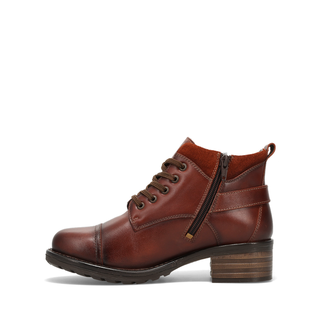 Medial profile of the Taos Mini Crave ankle boot in cognac brown leather