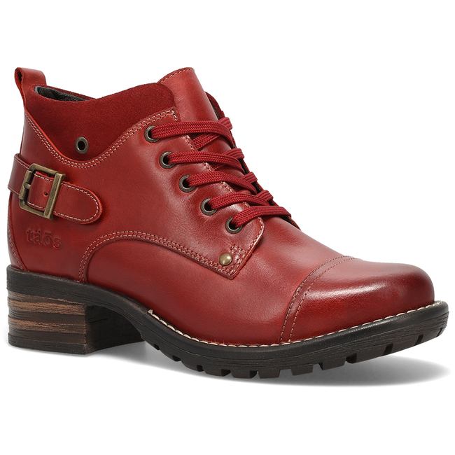 Taos Mini Crave ankle boot in red leather, three quarter angled view