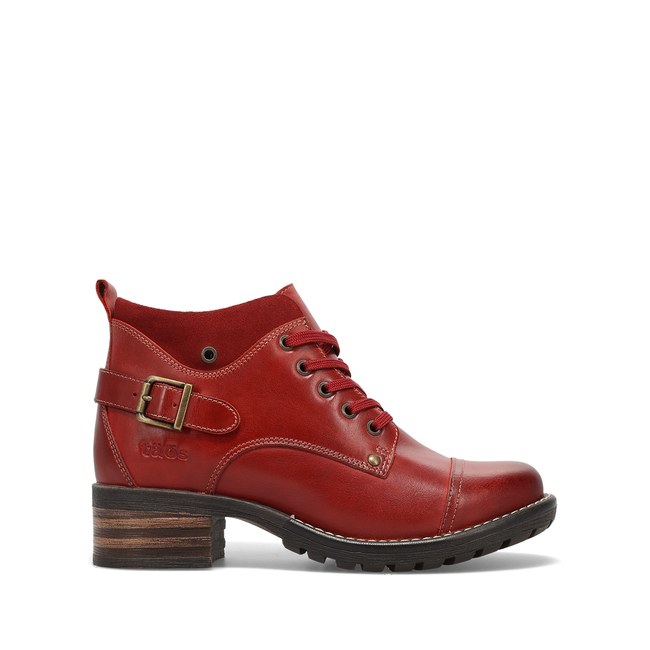 Lateral profile of the Taos Mini Crave ankle boot in red leather
