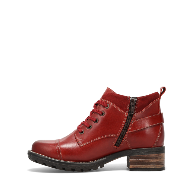 Medial profile of the Taos Mini Crave ankle boot in red leather